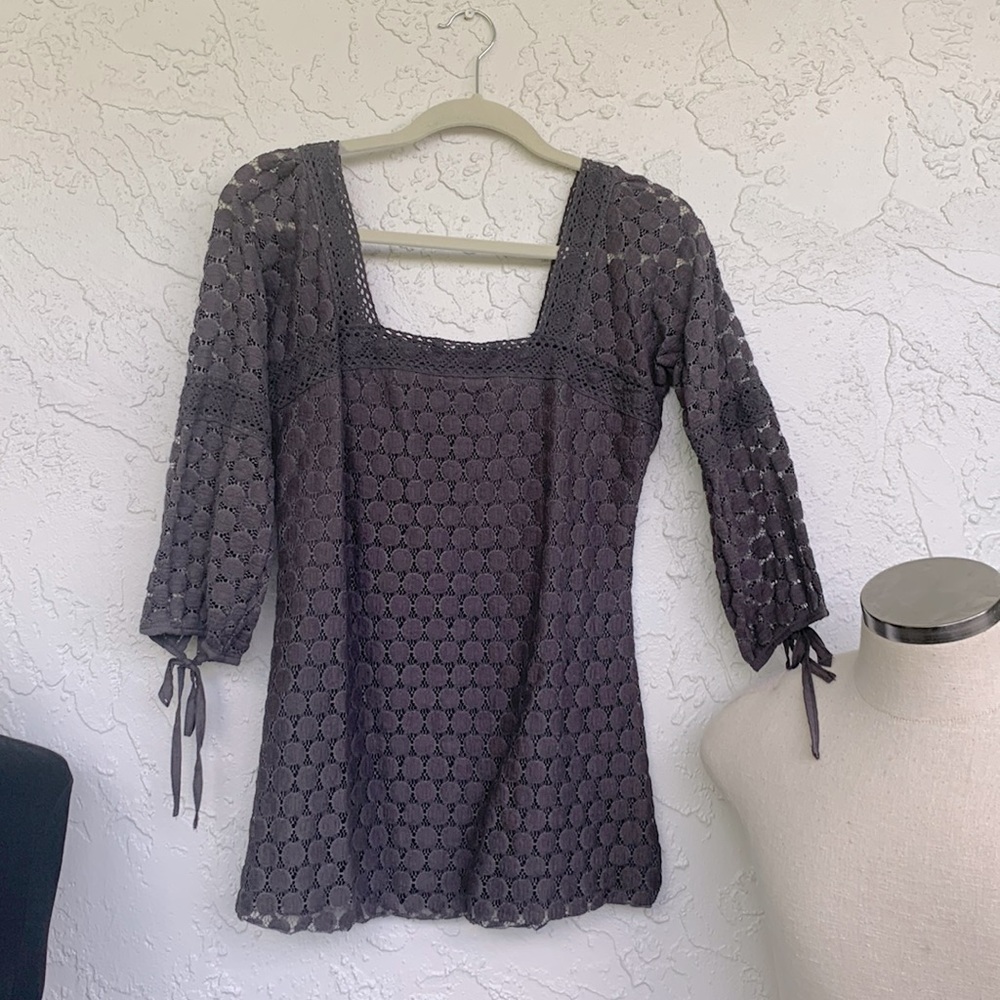 NWT Solitaire Ravi Khosla Lace Shirt Large Charcoal 3/4 Sleeve Stretch L…